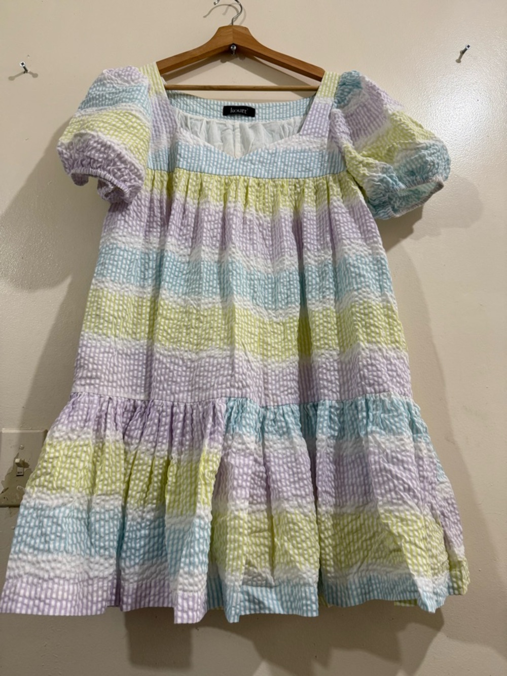 kourt Seersucker Pastel Stripe Puff-Sleeve Dress - Jouer